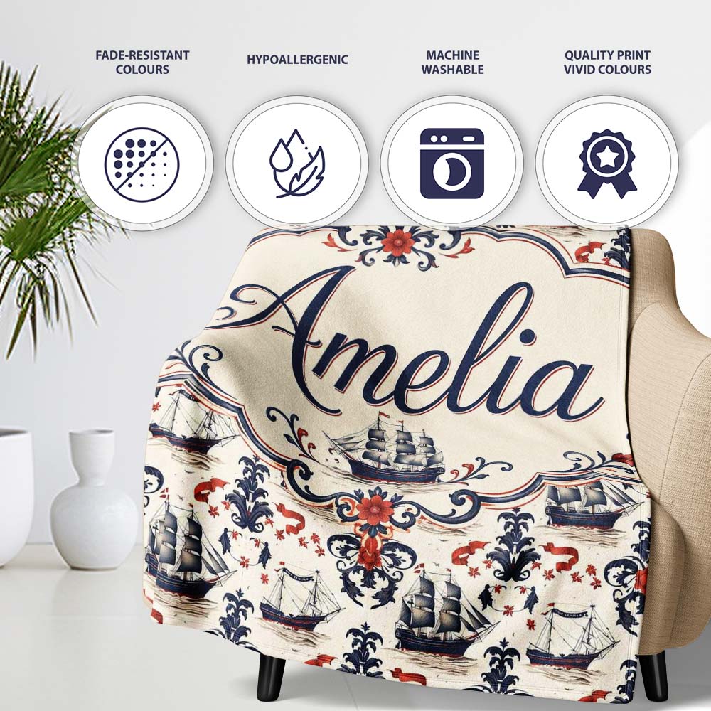 Elegant Nautical Ship Floral Seamless Pattern Vintage Marine Personalised Custom Name Super Soft Fleece Blanket Bed Sofa Throw