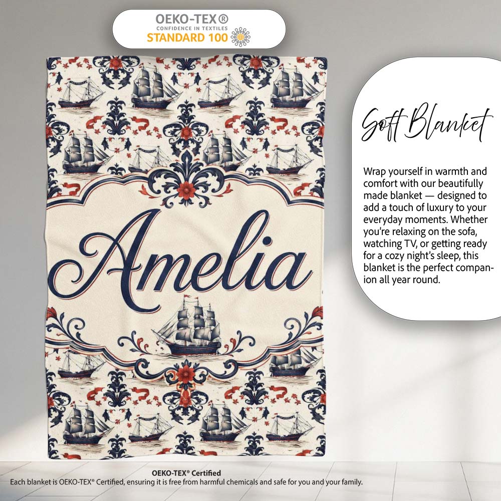 Elegant Nautical Ship Floral Seamless Pattern Vintage Marine Personalised Custom Name Super Soft Fleece Blanket Bed Sofa Throw