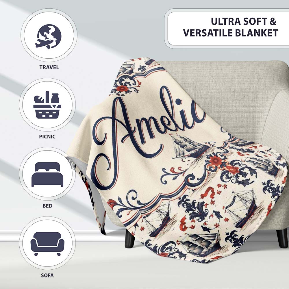 Elegant Nautical Ship Floral Seamless Pattern Vintage Marine Personalised Custom Name Super Soft Fleece Blanket Bed Sofa Throw