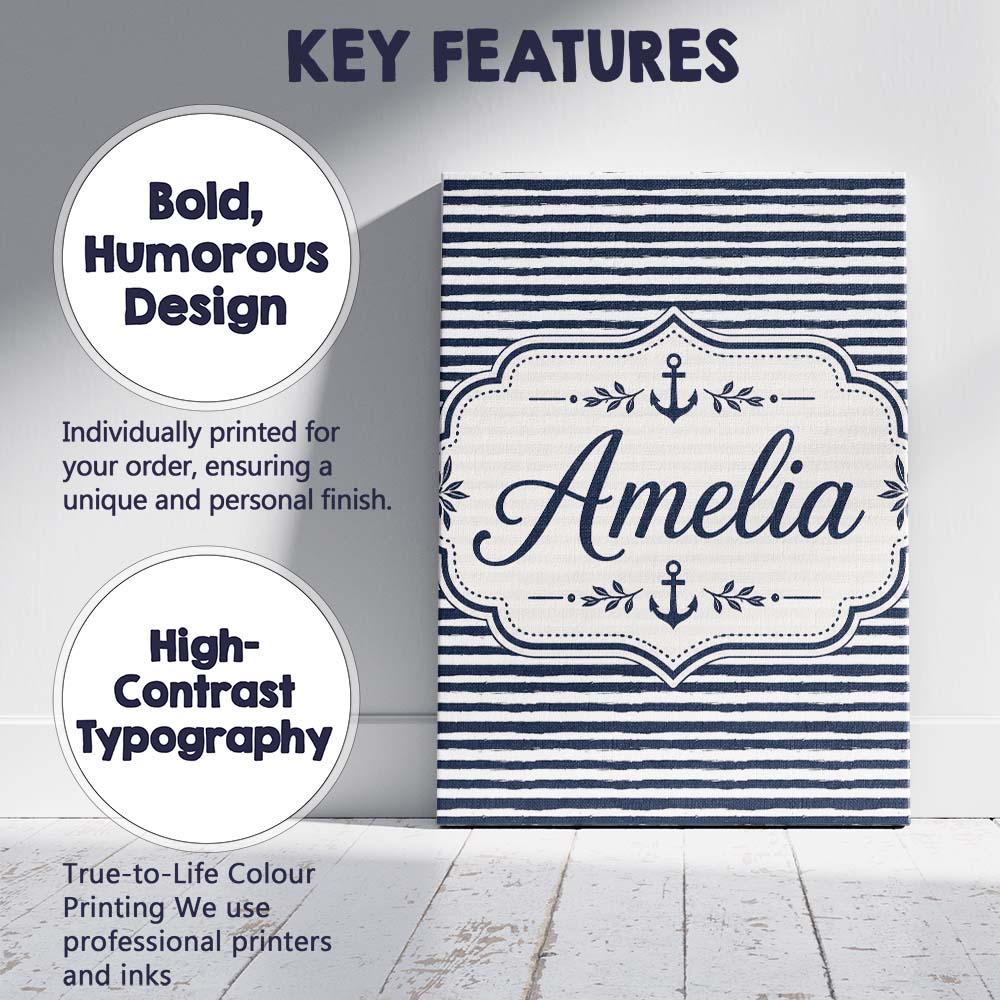 Personalised Name Navy Blue White Stripe Custom Unique Gift Idea Elegant Feature Canvas Wall Art Print Decor Picture Ready to Hang