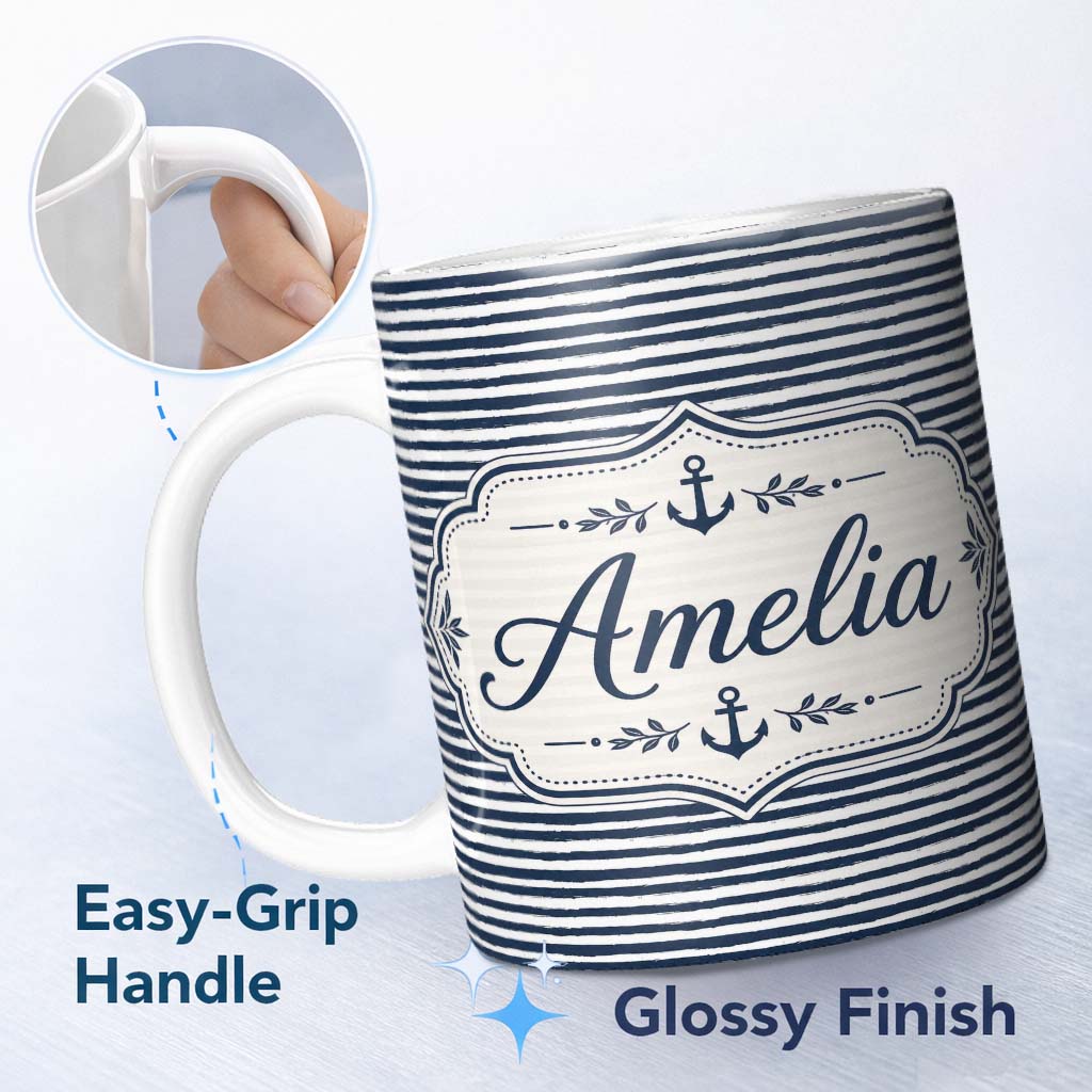 Personalized Custom Name Navy Blue White Stripe Seamless Pattern Classic Nautical Design 11oz Ceramic Coffee Tea Mug White Large Handle