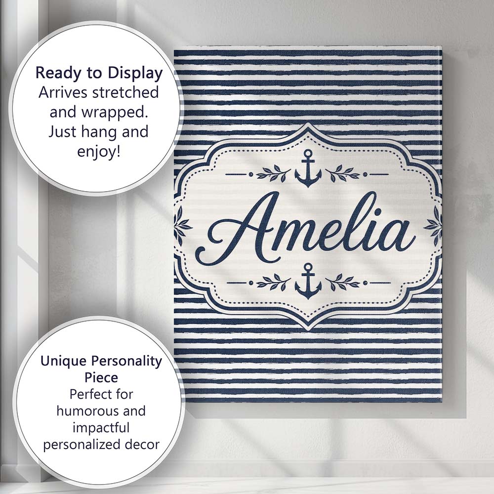 Personalised Name Navy Blue White Stripe Custom Unique Gift Idea Elegant Feature Canvas Wall Art Print Decor Picture Ready to Hang