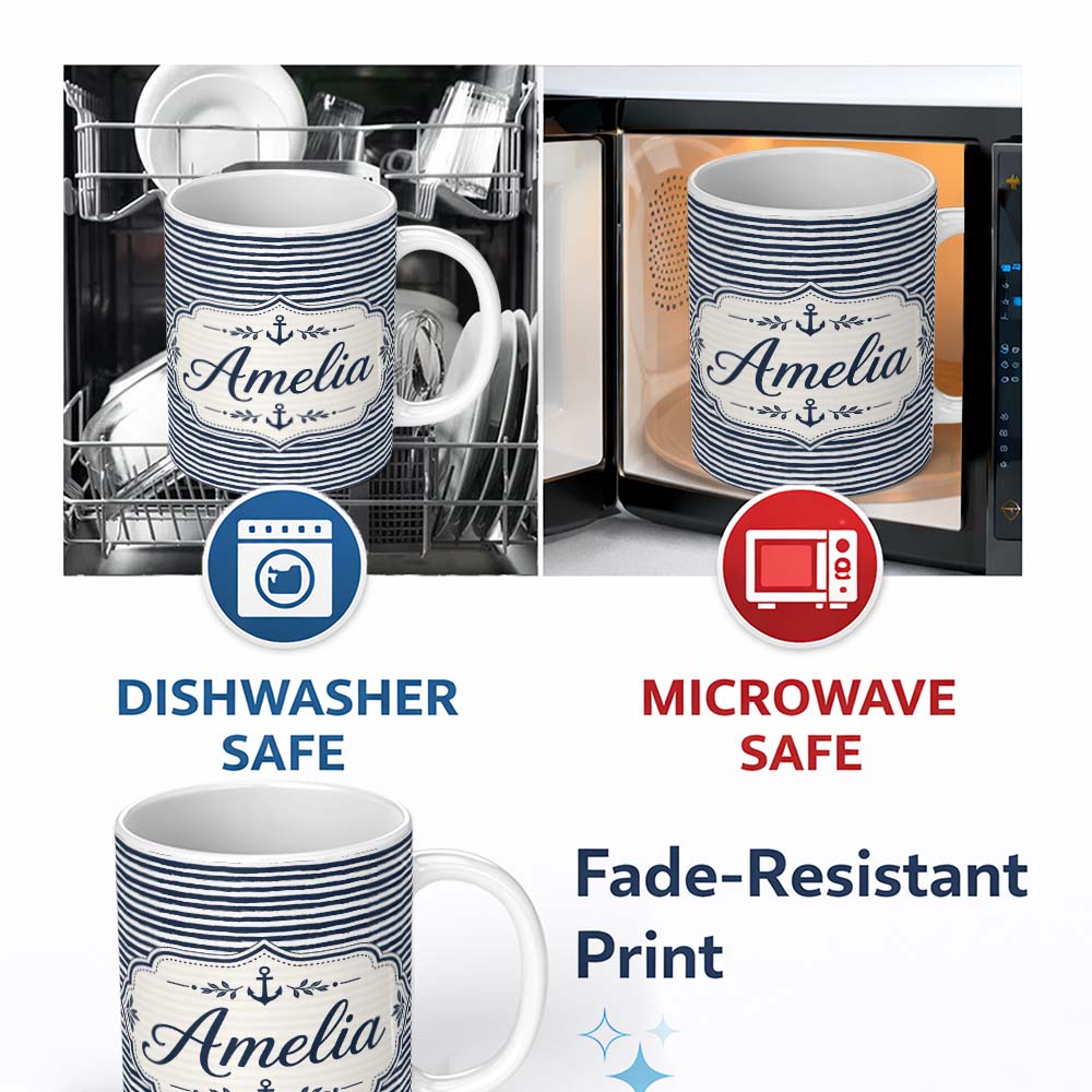 Personalized Custom Name Navy Blue White Stripe Seamless Pattern Classic Nautical Design 11oz Ceramic Coffee Tea Mug White Large Handle