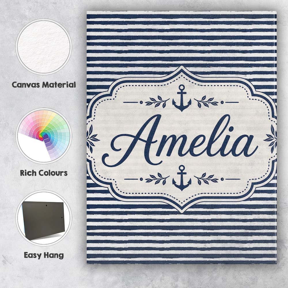 Personalised Name Navy Blue White Stripe Custom Unique Gift Idea Elegant Feature Canvas Wall Art Print Decor Picture Ready to Hang