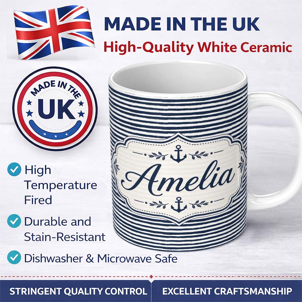 Personalized Custom Name Navy Blue White Stripe Seamless Pattern Classic Nautical Design 11oz Ceramic Coffee Tea Mug White Large Handle