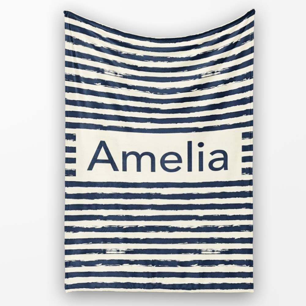 Navy Cream Brush Stripe Seamless Pattern Modern Nautical Design Personalised Custom Name Super Soft Fleece Blanket Bed Sofa Throw