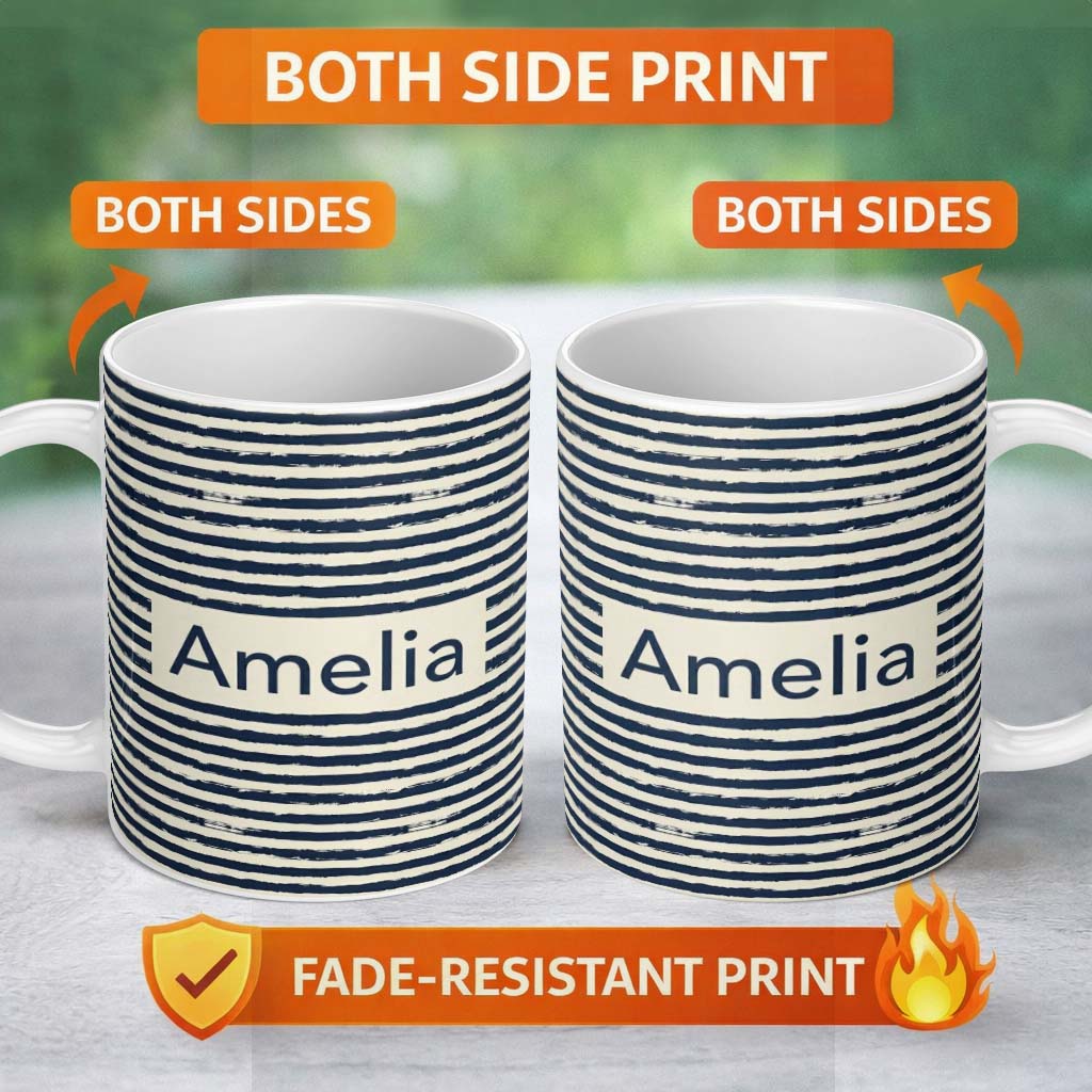Personalized Custom Name Navy Cream Brush Stripe Seamless Pattern Modern Nautical Design 11oz Ceramic Coffee Tea Mug White Large Handle