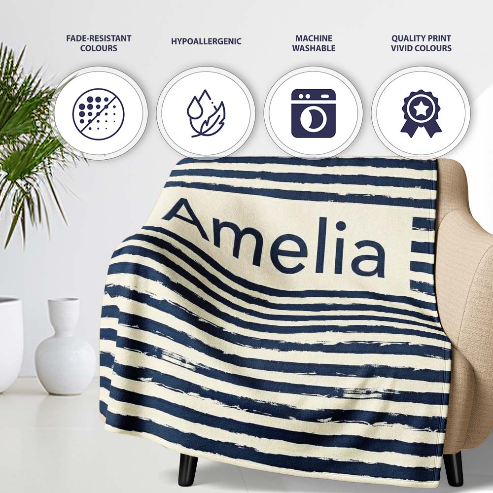 Navy Cream Brush Stripe Seamless Pattern Modern Nautical Design Personalised Custom Name Super Soft Fleece Blanket Bed Sofa Throw
