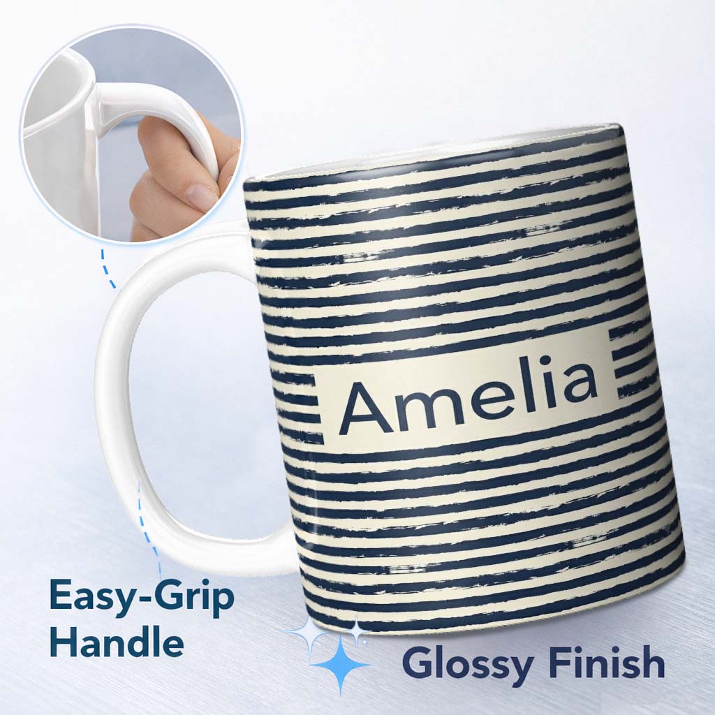 Personalized Custom Name Navy Cream Brush Stripe Seamless Pattern Modern Nautical Design 11oz Ceramic Coffee Tea Mug White Large Handle