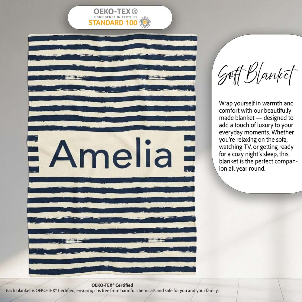Navy Cream Brush Stripe Seamless Pattern Modern Nautical Design Personalised Custom Name Super Soft Fleece Blanket Bed Sofa Throw