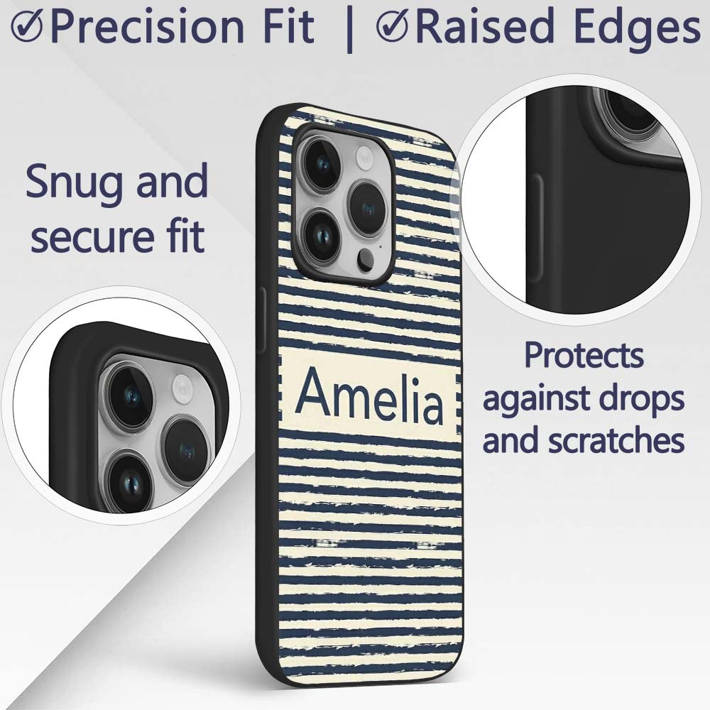 Navy Cream Brush Stripe Seamless Pattern Modern Custom Name Protective Phone Case Mobile Cover Durable Everyday Smartphone Shock Resistant