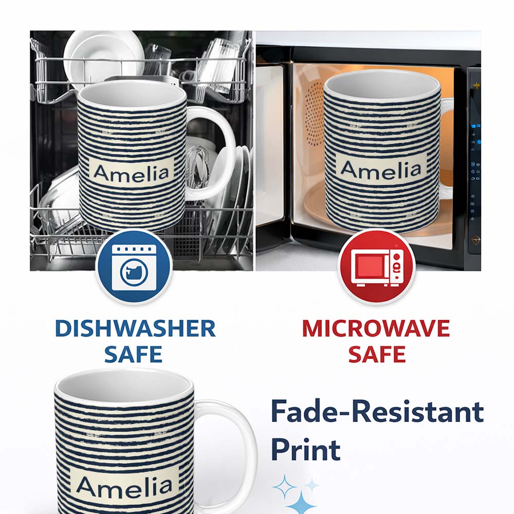 Personalized Custom Name Navy Cream Brush Stripe Seamless Pattern Modern Nautical Design 11oz Ceramic Coffee Tea Mug White Large Handle