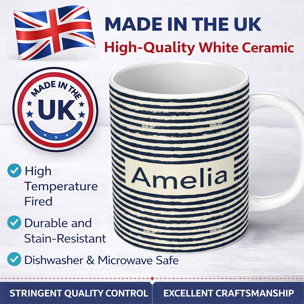 Personalized Custom Name Navy Cream Brush Stripe Seamless Pattern Modern Nautical Design 11oz Ceramic Coffee Tea Mug White Large Handle