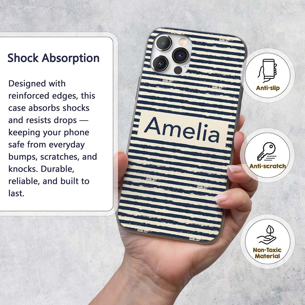 Navy Cream Brush Stripe Seamless Pattern Modern Custom Name Protective Phone Case Mobile Cover Durable Everyday Smartphone Shock Resistant