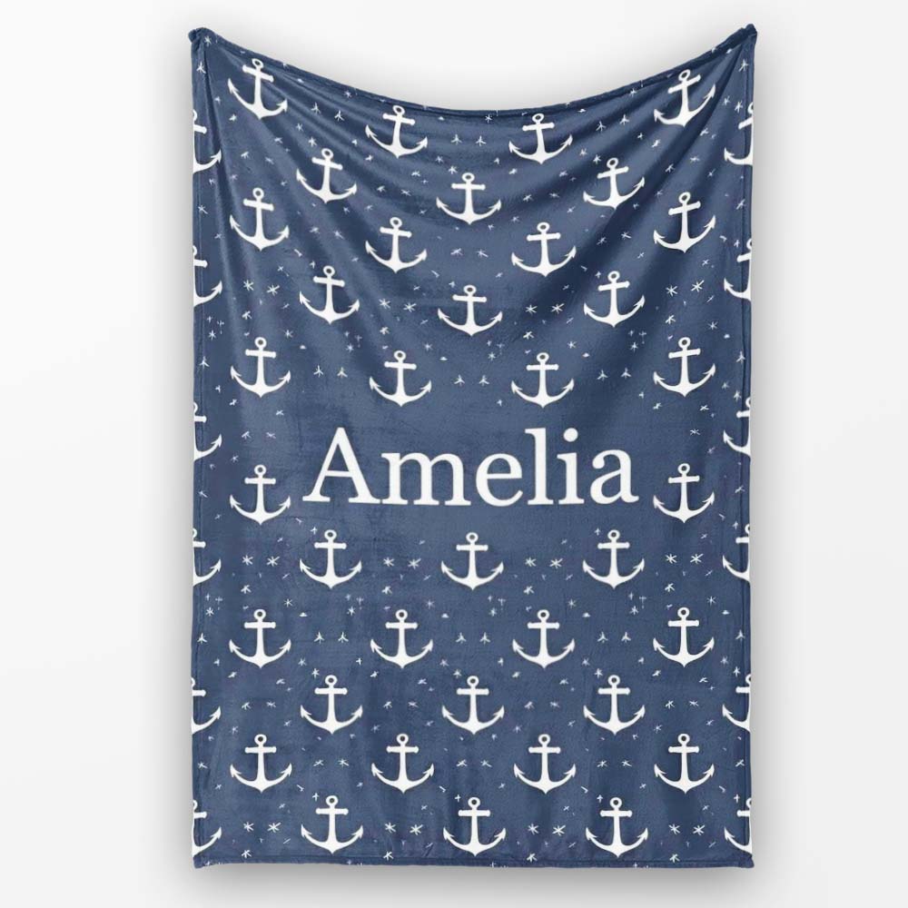 Simple Anchor Star Navy Seamless Pattern Minimal Nautical Ocean Personalised Custom Name Super Soft Fleece Blanket Bed Sofa Throw