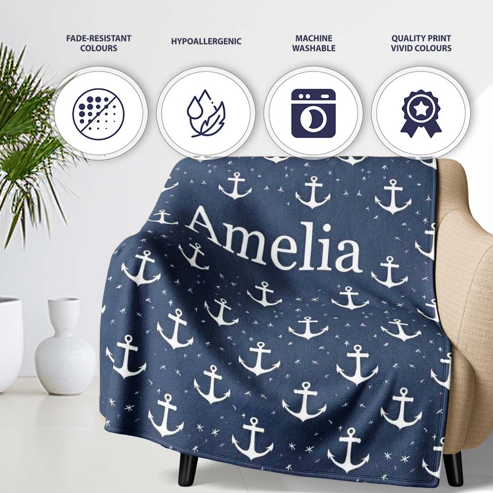Simple Anchor Star Navy Seamless Pattern Minimal Nautical Ocean Personalised Custom Name Super Soft Fleece Blanket Bed Sofa Throw