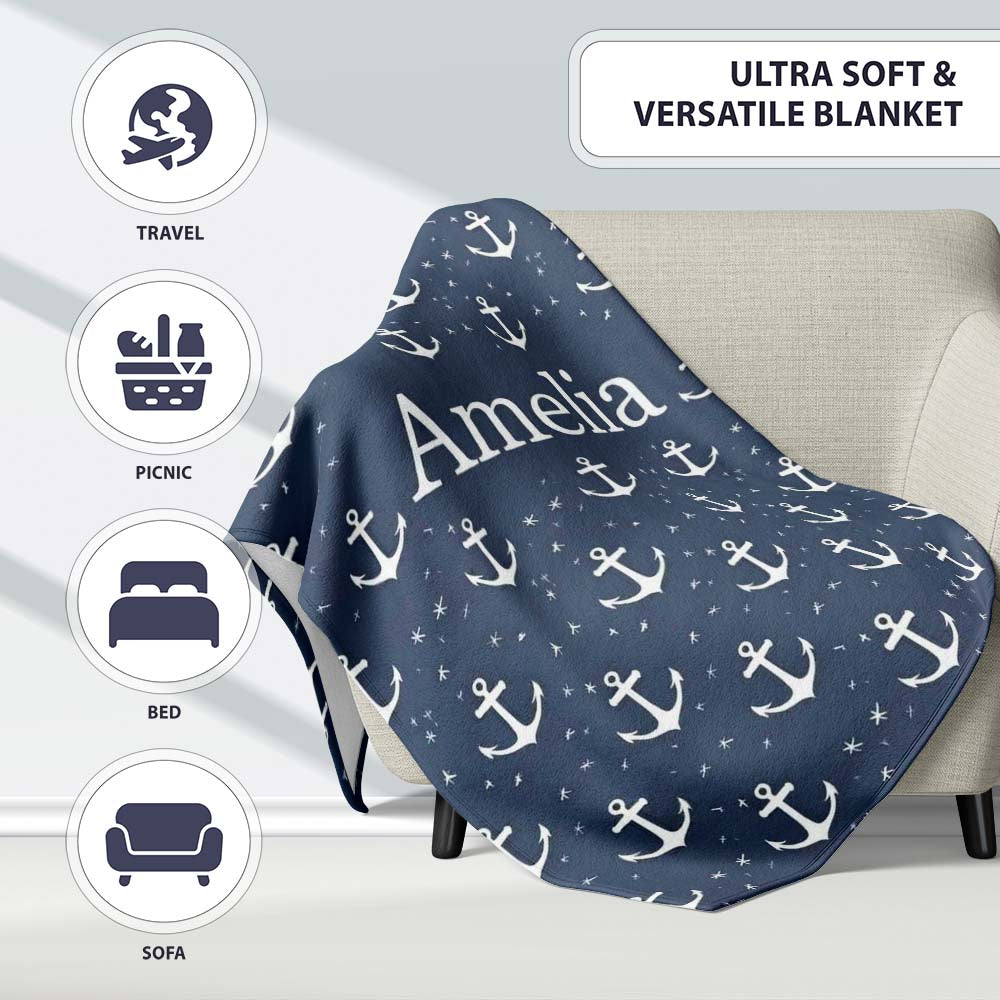 Simple Anchor Star Navy Seamless Pattern Minimal Nautical Ocean Personalised Custom Name Super Soft Fleece Blanket Bed Sofa Throw