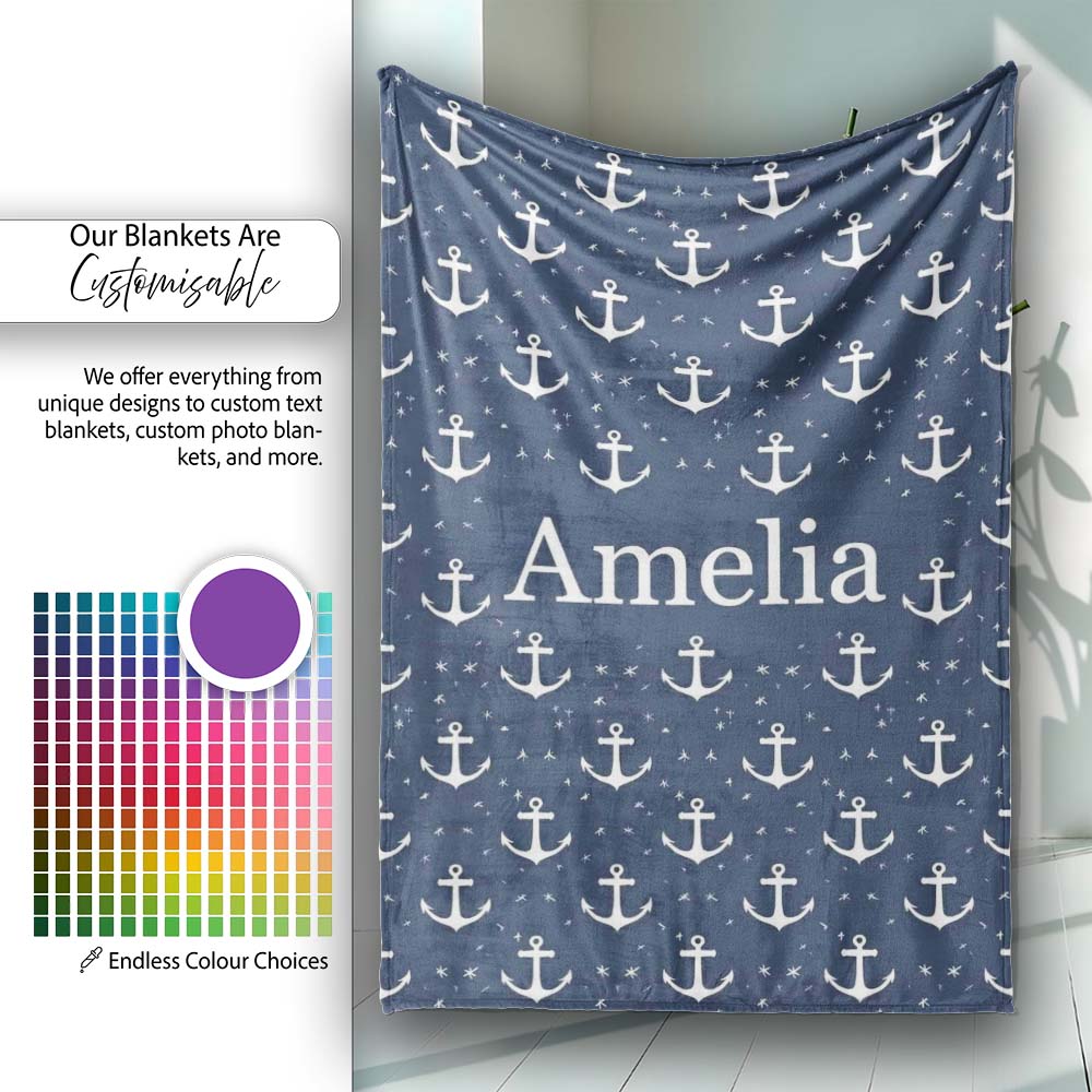 Simple Anchor Star Navy Seamless Pattern Minimal Nautical Ocean Personalised Custom Name Super Soft Fleece Blanket Bed Sofa Throw