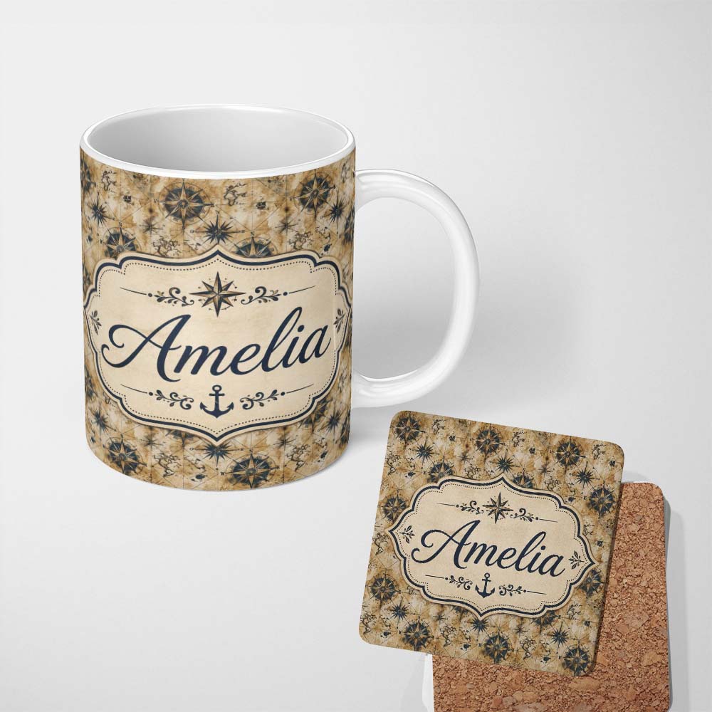 Personalized Custom Name Vintage Compass Map Seamless Pattern Antique Nautical Navigation 11oz Ceramic Coffee Tea Mug White Large Handle