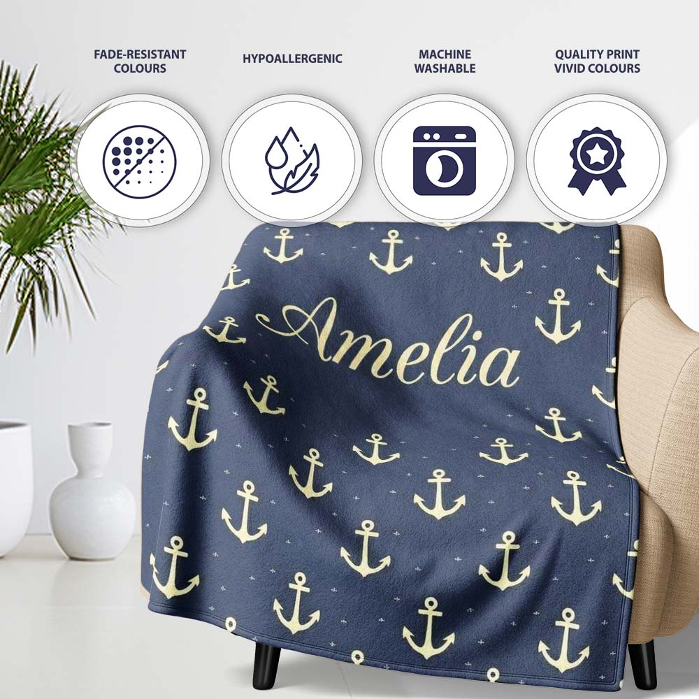 Classic Anchor Navy Seamless Pattern Minimal Nautical Marine Theme Personalised Custom Name Super Soft Fleece Blanket Bed Sofa Throw