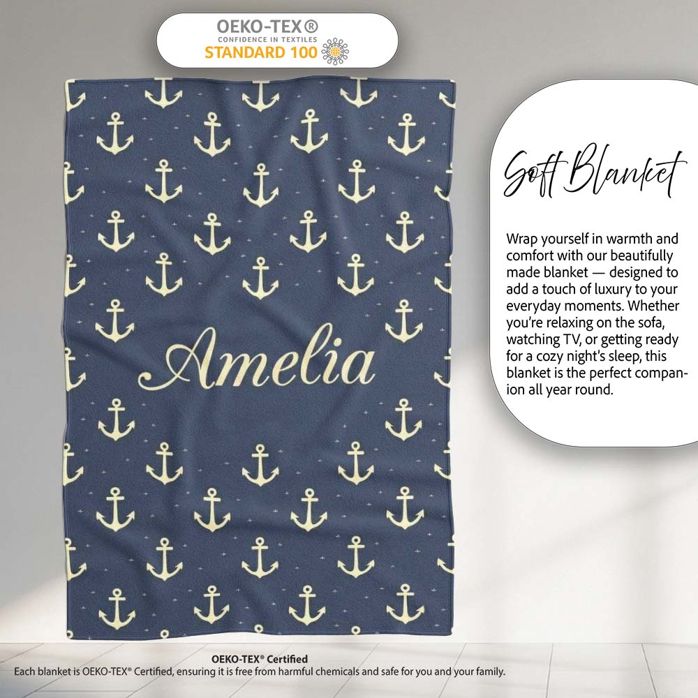 Classic Anchor Navy Seamless Pattern Minimal Nautical Marine Theme Personalised Custom Name Super Soft Fleece Blanket Bed Sofa Throw
