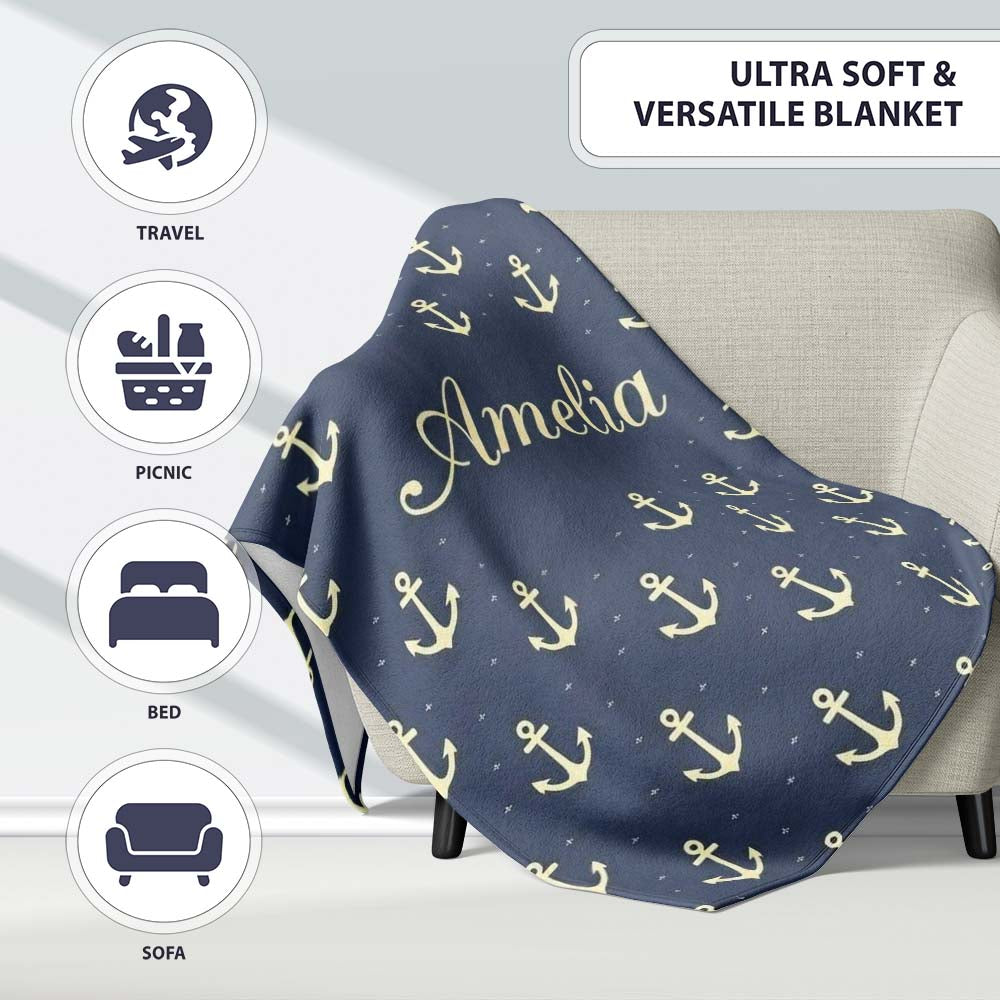 Classic Anchor Navy Seamless Pattern Minimal Nautical Marine Theme Personalised Custom Name Super Soft Fleece Blanket Bed Sofa Throw