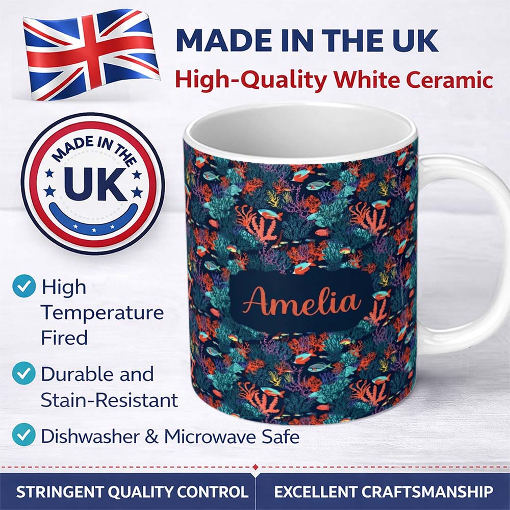 Personalized Custom Name Colorful Coral Reef Tropical Fish Seamless Pattern Ocean Marine 11oz Ceramic Coffee Tea Mug White Large Handle