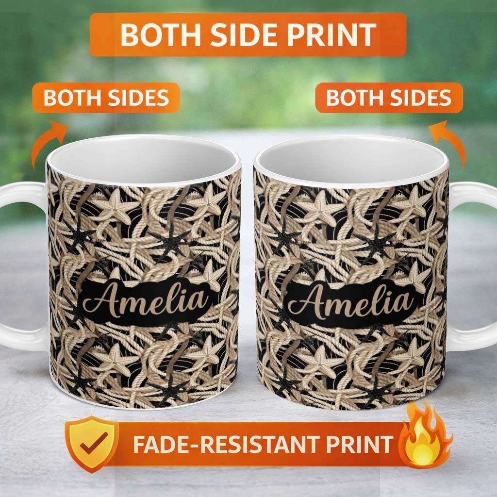Personalized Custom Name Nautical Rope Starfish Net Seamless Pattern Coastal Beach Marine 11oz Ceramic Coffee Tea Mug White Large Handle