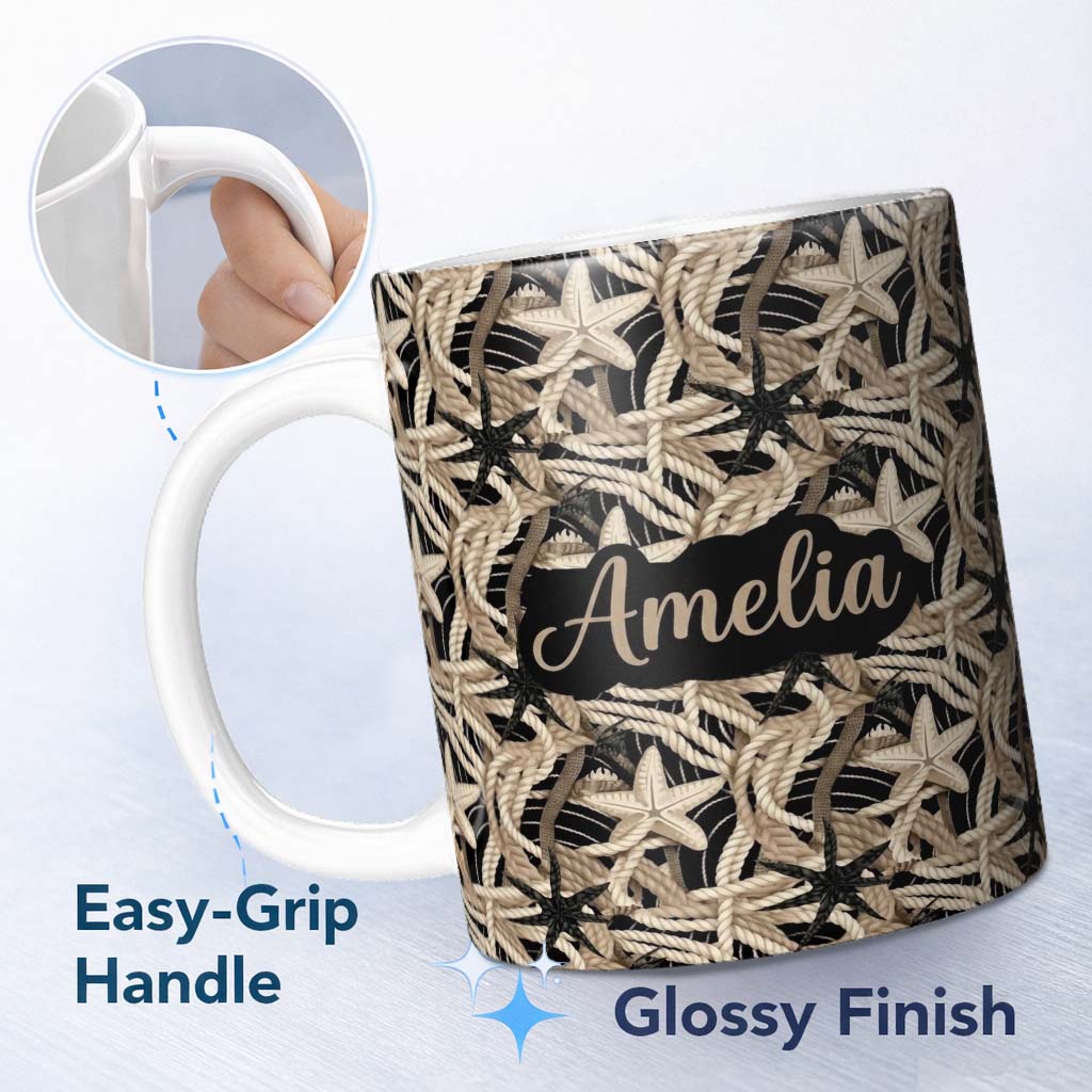 Personalized Custom Name Nautical Rope Starfish Net Seamless Pattern Coastal Beach Marine 11oz Ceramic Coffee Tea Mug White Large Handle