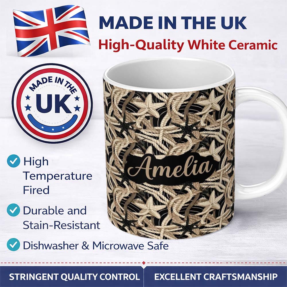 Personalized Custom Name Nautical Rope Starfish Net Seamless Pattern Coastal Beach Marine 11oz Ceramic Coffee Tea Mug White Large Handle