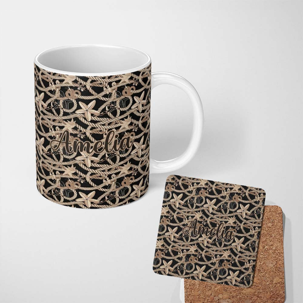 Personalized Custom Name Vintage Nautical Rope Starfish Seamless Pattern Coastal Marine Net 11oz Ceramic Coffee Tea Mug White Large Handle