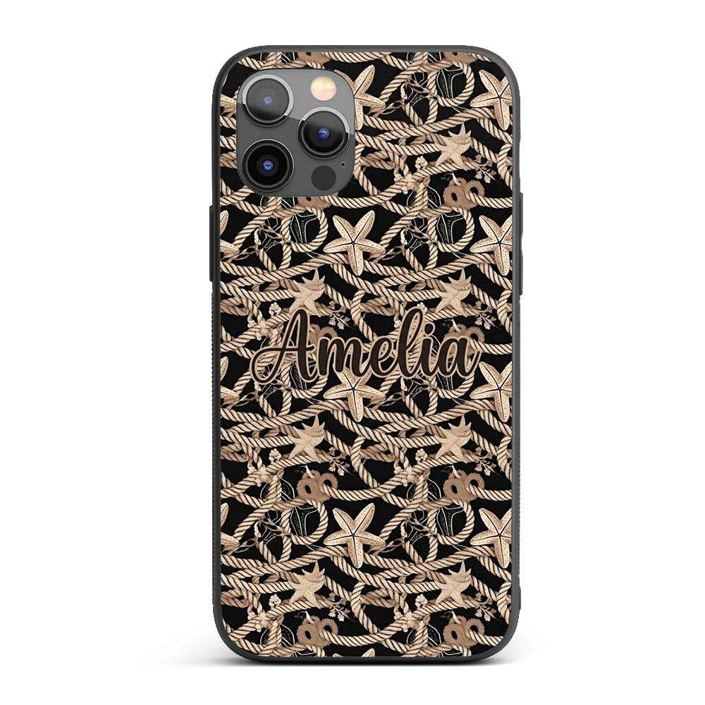 Vintage Nautical Rope Starfish Seamless Pattern Custom Name Protective Phone Case Mobile Cover Durable Everyday Smartphone Shock Resistant