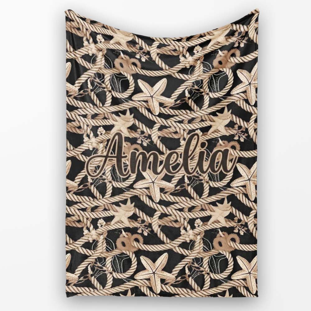 Vintage Nautical Rope Starfish Seamless Pattern Coastal Marine Net Personalised Custom Name Super Soft Fleece Blanket Bed Sofa Throw