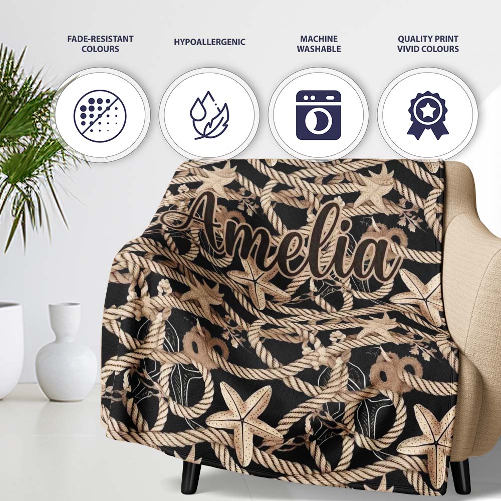 Vintage Nautical Rope Starfish Seamless Pattern Coastal Marine Net Personalised Custom Name Super Soft Fleece Blanket Bed Sofa Throw