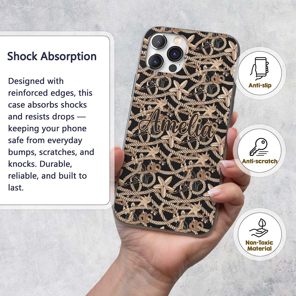 Vintage Nautical Rope Starfish Seamless Pattern Custom Name Protective Phone Case Mobile Cover Durable Everyday Smartphone Shock Resistant
