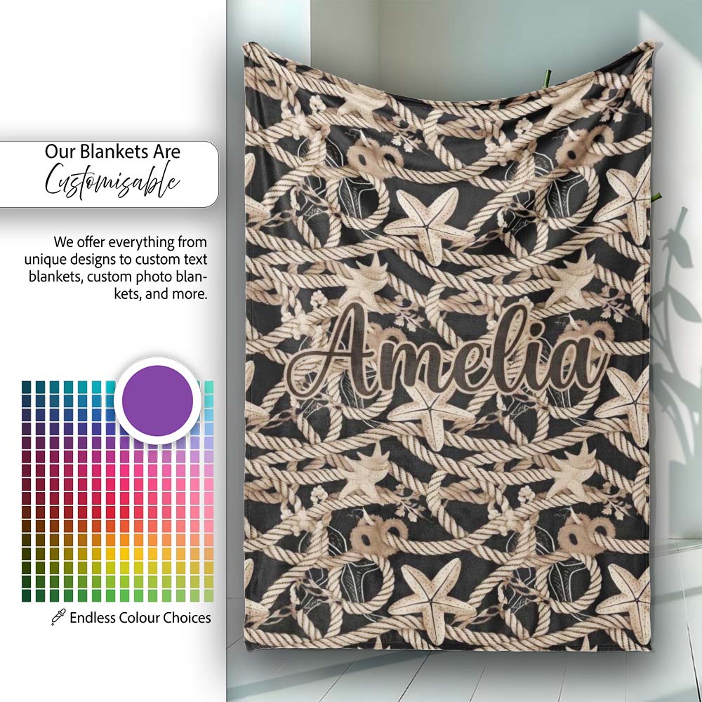 Vintage Nautical Rope Starfish Seamless Pattern Coastal Marine Net Personalised Custom Name Super Soft Fleece Blanket Bed Sofa Throw