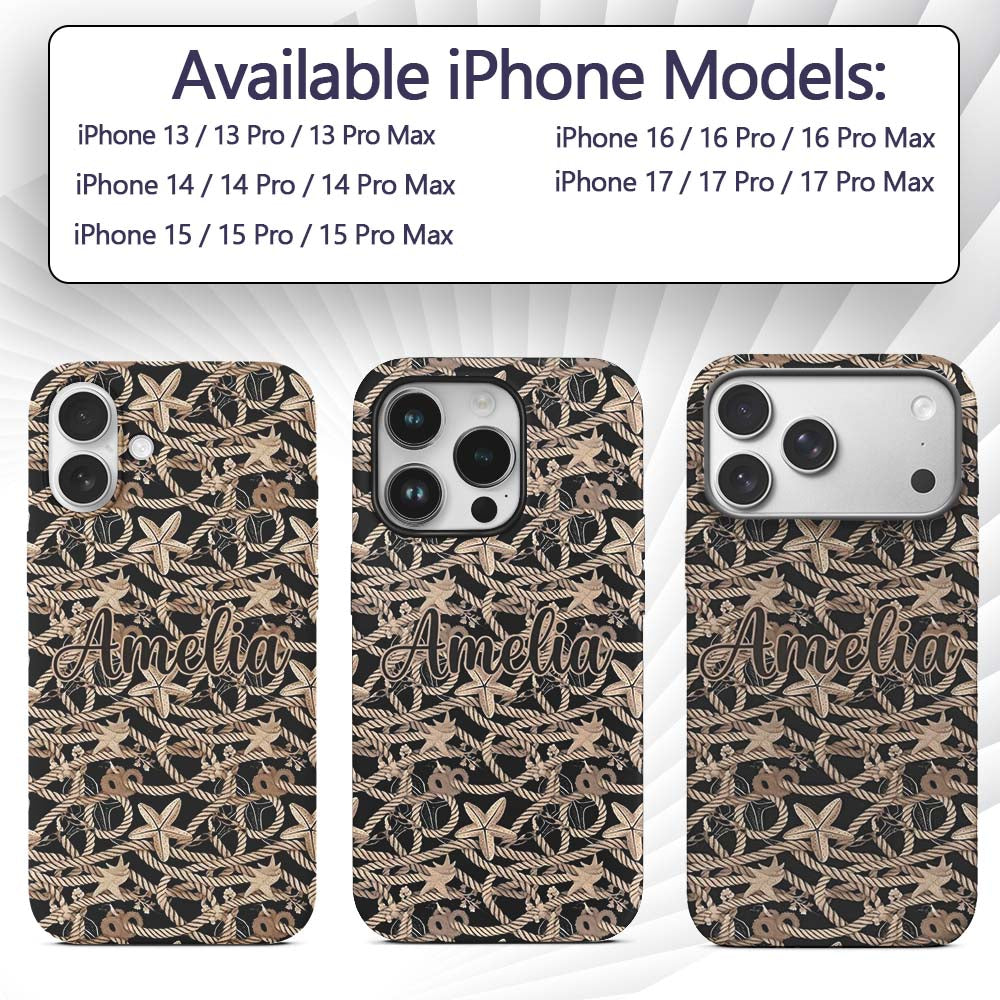 Vintage Nautical Rope Starfish Seamless Pattern Custom Name Protective Phone Case Mobile Cover Durable Everyday Smartphone Shock Resistant