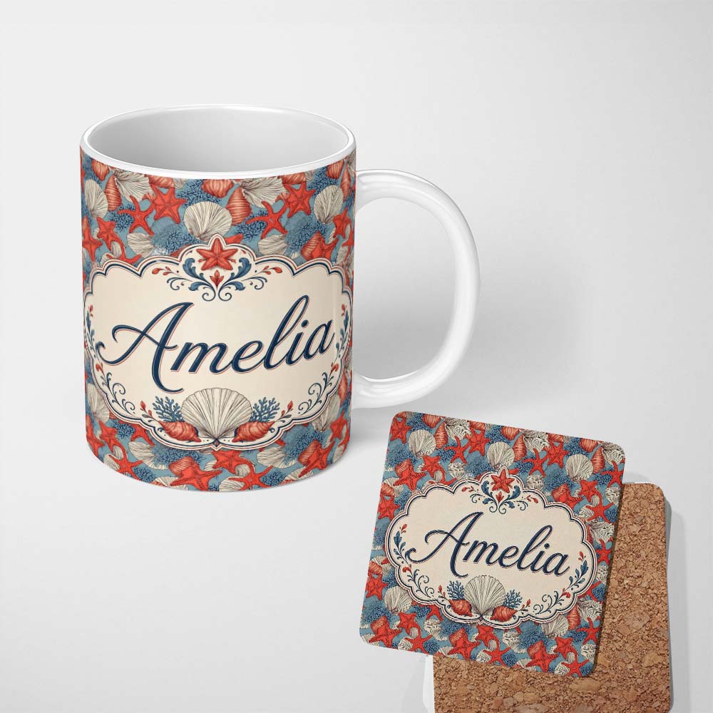 Personalized Custom Name Seashell Starfish Ocean Seamless Pattern Coastal Beach Marine Life 11oz Ceramic Coffee Tea Mug White Large Handle