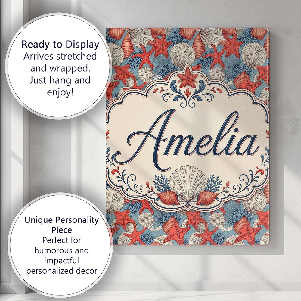 Personalised Name Seashell Starfish Ocean Custom Unique Gift Idea Elegant Feature Canvas Wall Art Print Decor Picture Ready to Hang