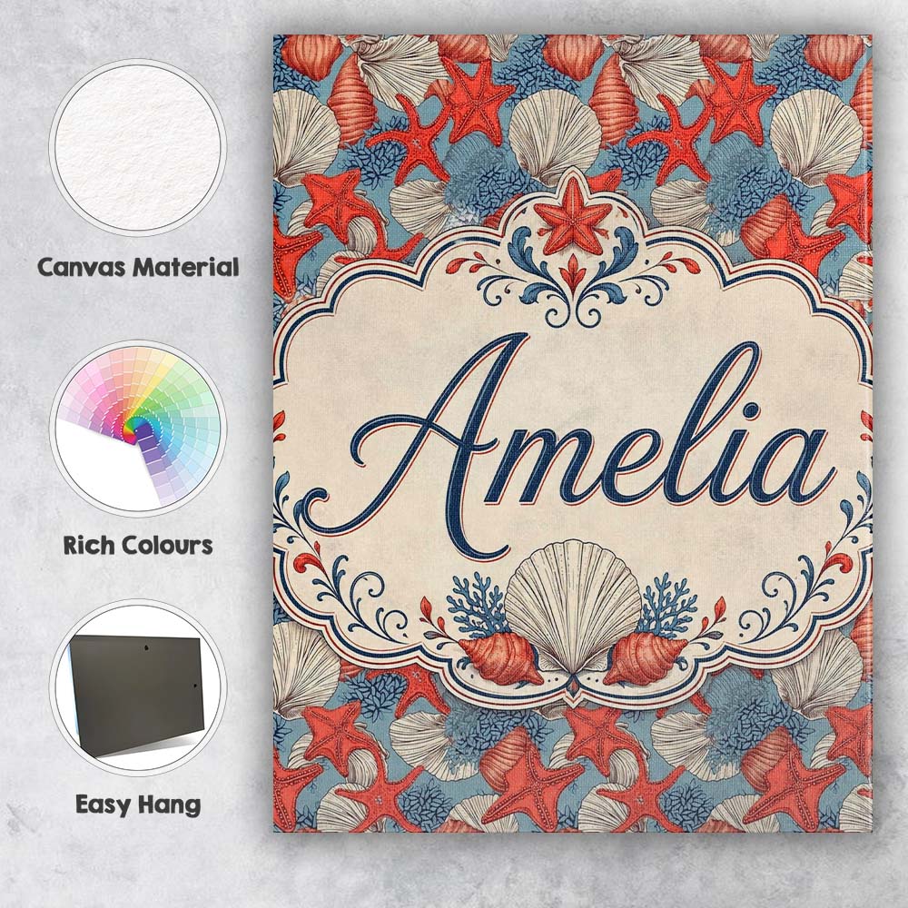 Personalised Name Seashell Starfish Ocean Custom Unique Gift Idea Elegant Feature Canvas Wall Art Print Decor Picture Ready to Hang