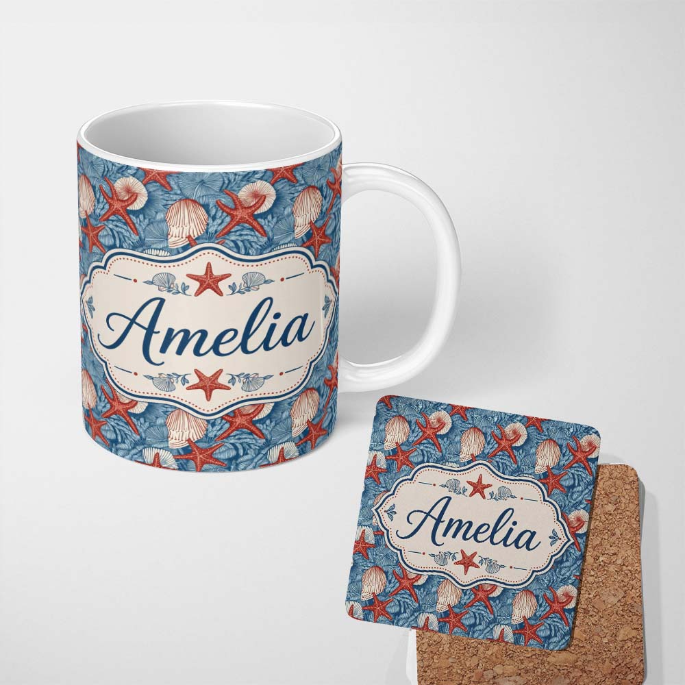 Personalized Custom Name Vintage Seashell Starfish Ocean Seamless Pattern Coastal Marine 11oz Ceramic Coffee Tea Mug White Large Handle