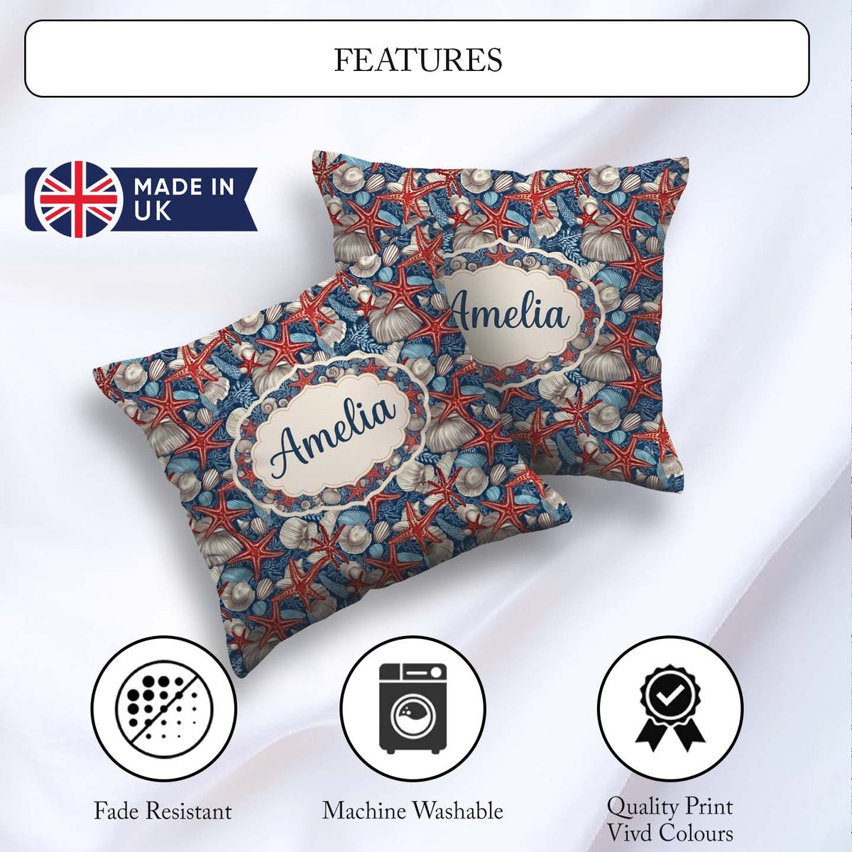 Custom Name Classic Seashell Starfish Navy Pattern Coastal Ocean Square Filled Cushion Throw Pillow Sofa Bed Home Decor Zip Washable UK Made