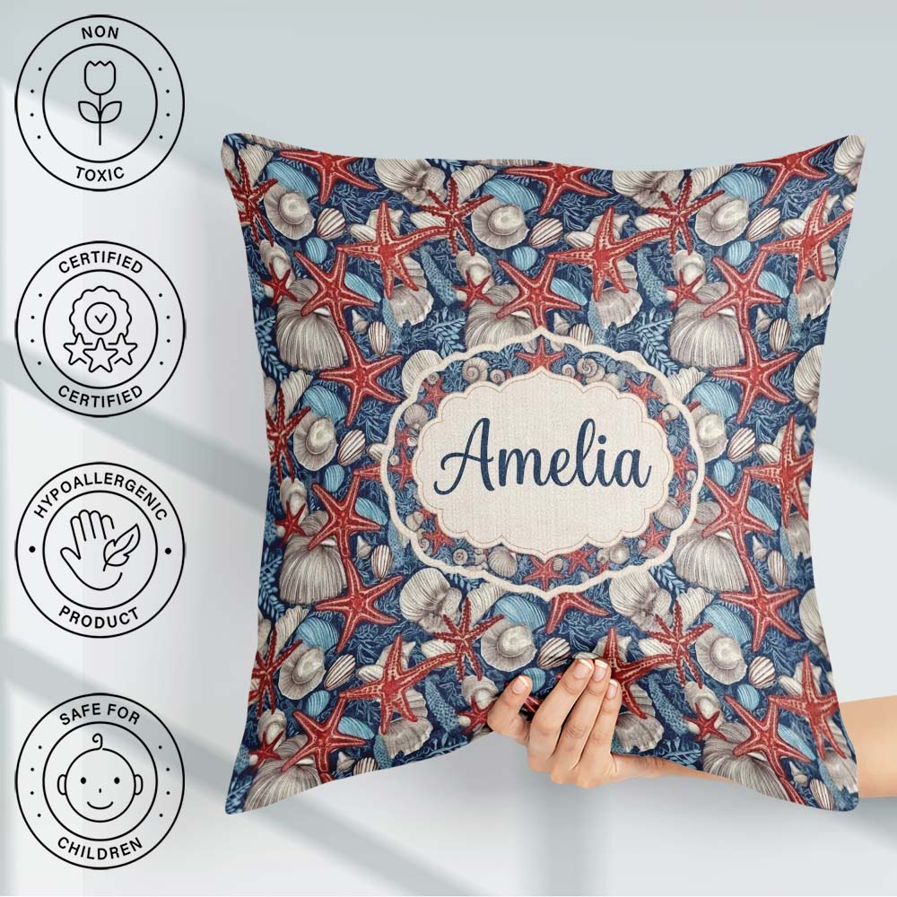 Custom Name Classic Seashell Starfish Navy Pattern Coastal Ocean Square Filled Cushion Throw Pillow Sofa Bed Home Decor Zip Washable UK Made
