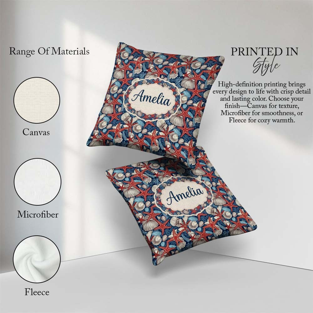Custom Name Classic Seashell Starfish Navy Pattern Coastal Ocean Square Filled Cushion Throw Pillow Sofa Bed Home Decor Zip Washable UK Made