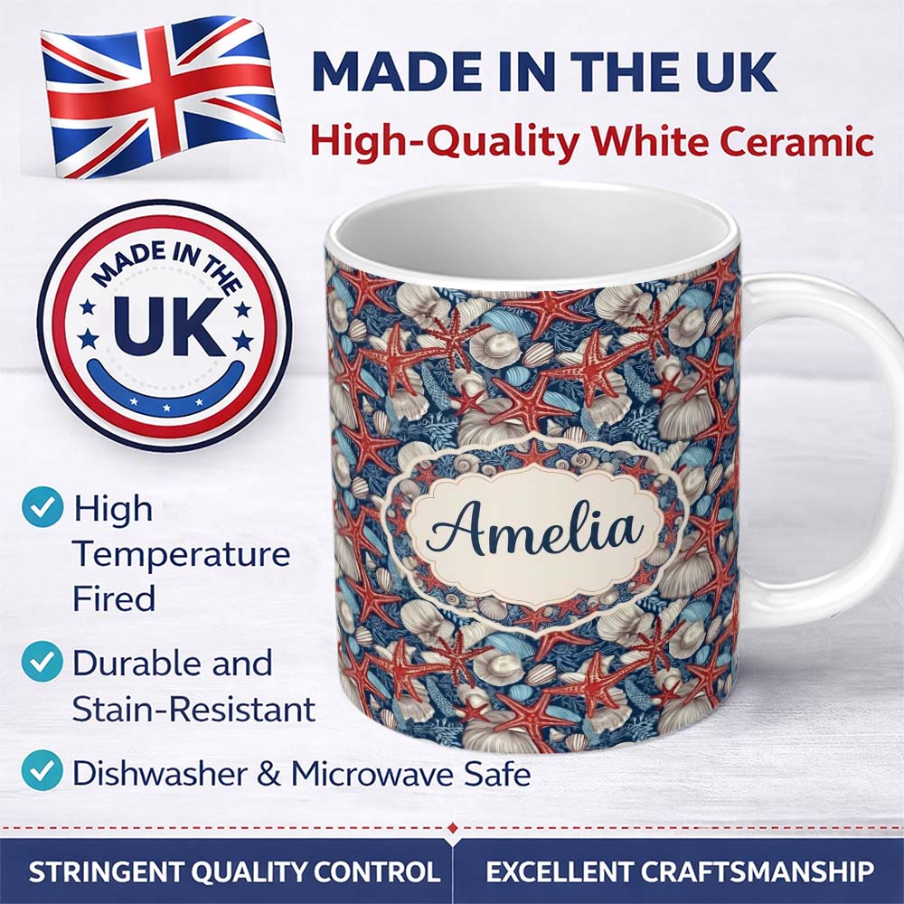 Personalized Custom Name Classic Seashell Starfish Navy Seamless Pattern Coastal Ocean 11oz Ceramic Coffee Tea Mug White Large Handle
