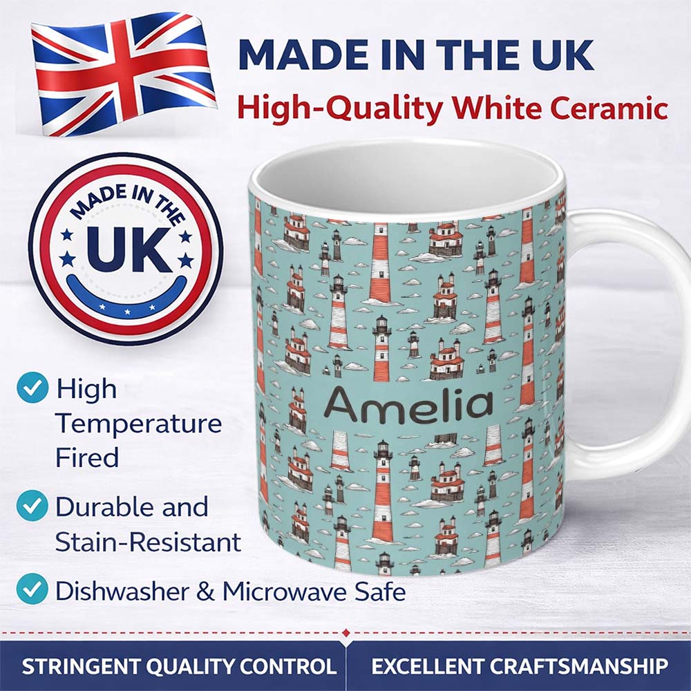 Personalized Custom Name Whimsical Lighthouse Cloud Sky Seamless Pattern Nautical Coastal 11oz Ceramic Coffee Tea Mug White Large Handle
