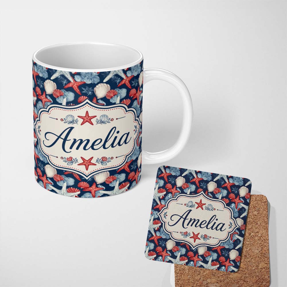 Personalized Custom Name Vintage Starfish Seashell Ocean Coastal Marine Life Seamless 11oz Ceramic Coffee Tea Mug White Large Handle