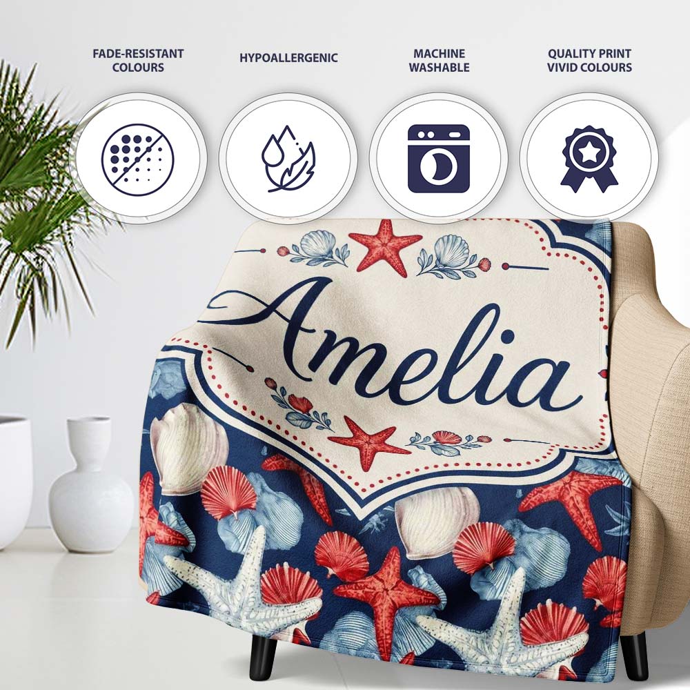 Vintage Starfish Seashell Ocean Coastal Marine Life Seamless Personalised Custom Name Super Soft Fleece Blanket Bed Sofa Throw