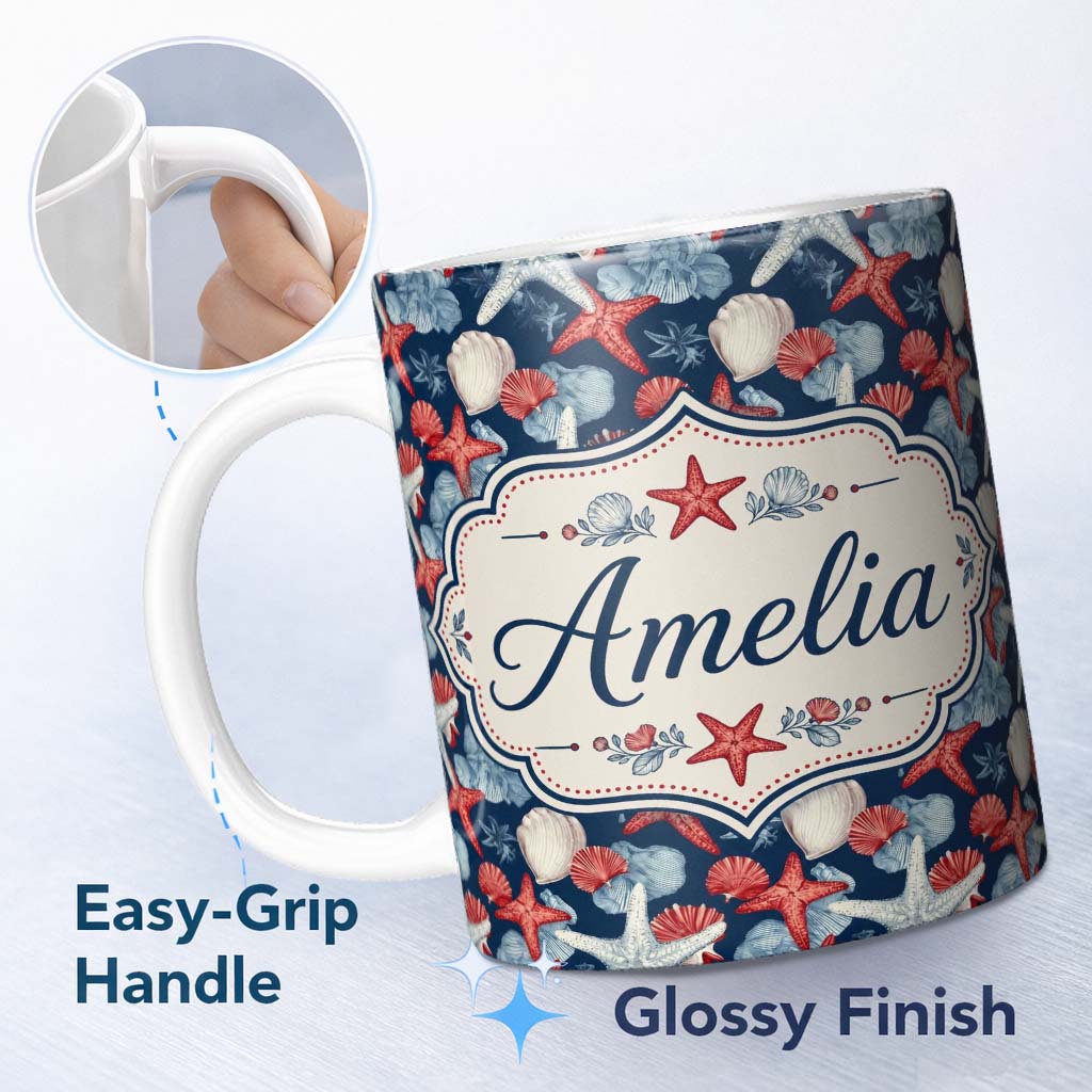Personalized Custom Name Vintage Starfish Seashell Ocean Coastal Marine Life Seamless 11oz Ceramic Coffee Tea Mug White Large Handle
