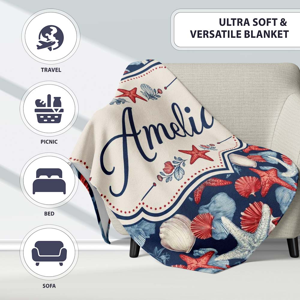Vintage Starfish Seashell Ocean Coastal Marine Life Seamless Personalised Custom Name Super Soft Fleece Blanket Bed Sofa Throw